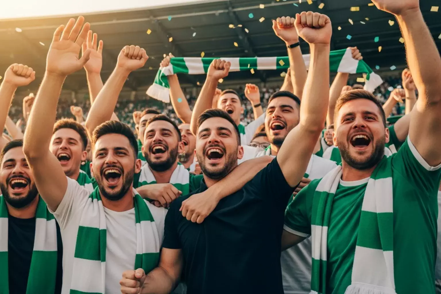 Jubelnde Fussballfans feiern mit Schals und erhobenen Armen im Stadion
