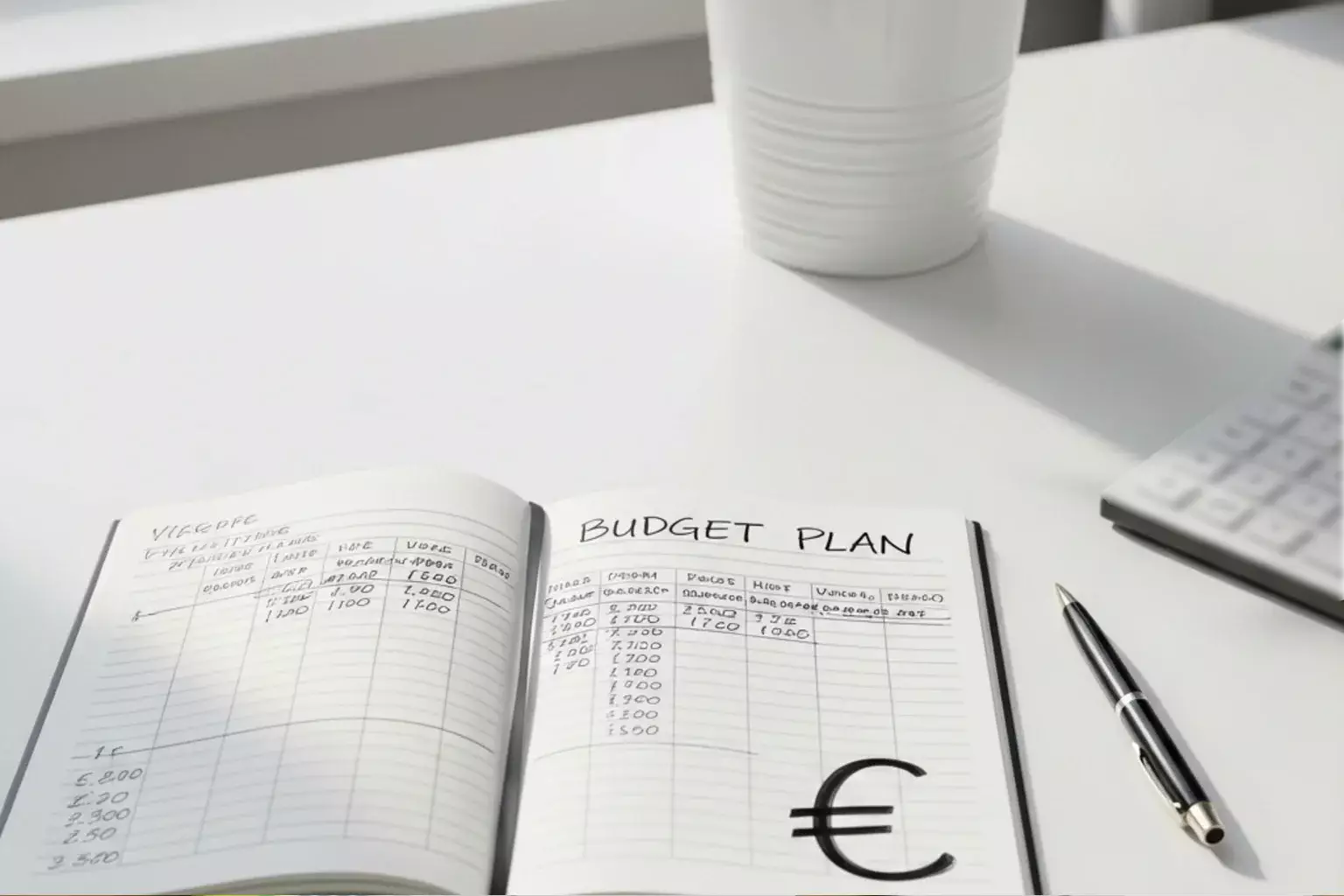 Person notiert Budgetplanung in einem Notizbuch mit Stift