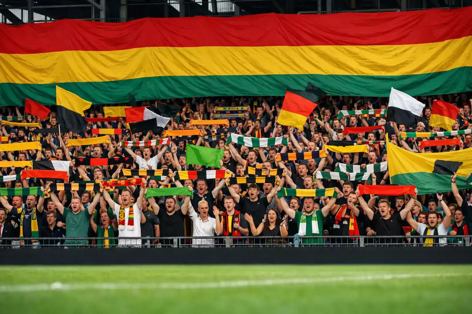 Bunte Fantribüne mit Fahnen und Choreographie im deutschen Fussballstadion