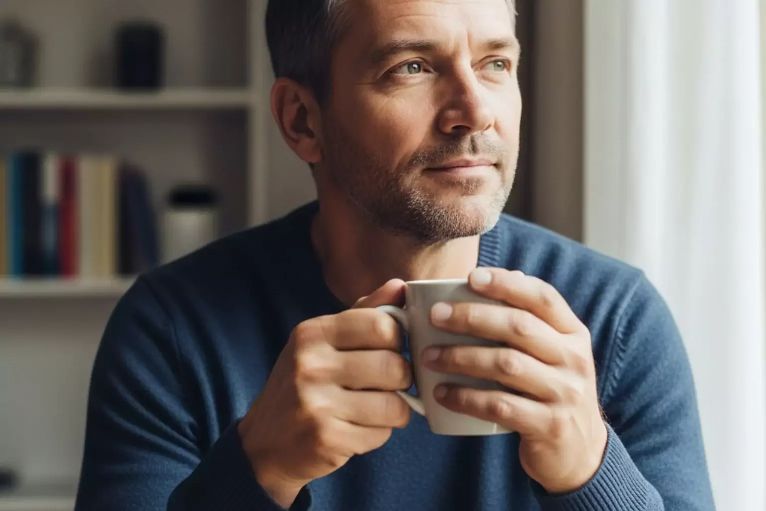 Mann macht eine Pause mit Kaffee und blickt nachdenklich aus dem Fenster