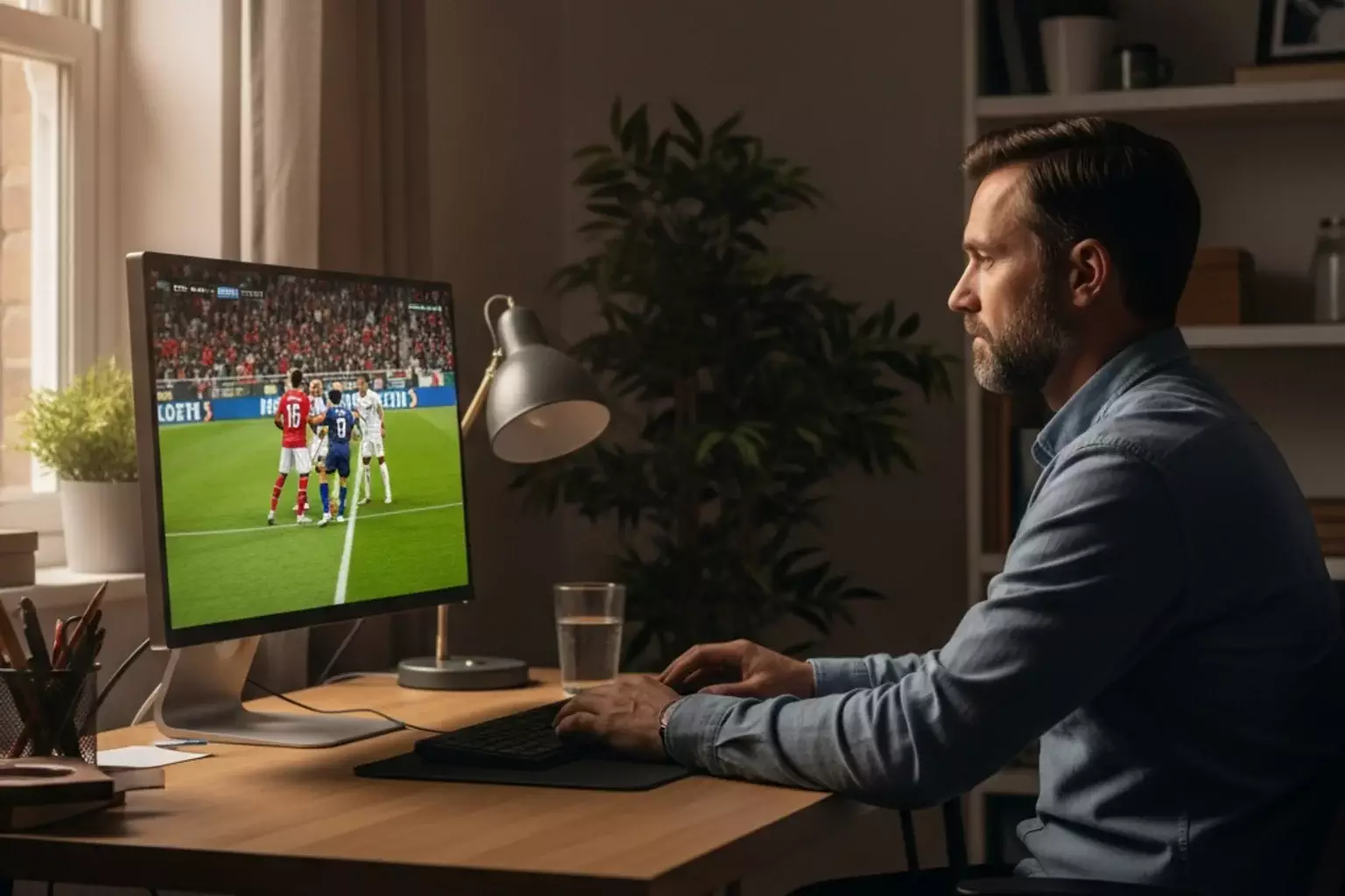 Nachdenklicher Mann sitzt ruhig vor dem Bildschirm mit Fussballspiel