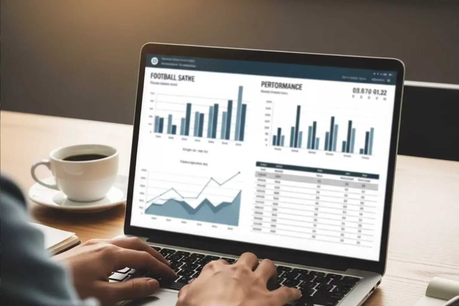 Person analysiert Fussballstatistiken und Grafiken auf einem Laptop