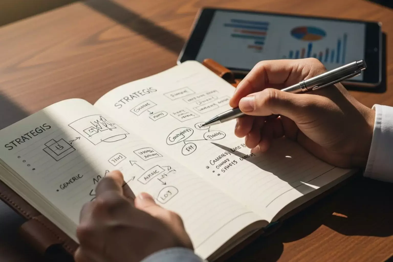 Person plant Wettstrategie mit Notizbuch und Stift