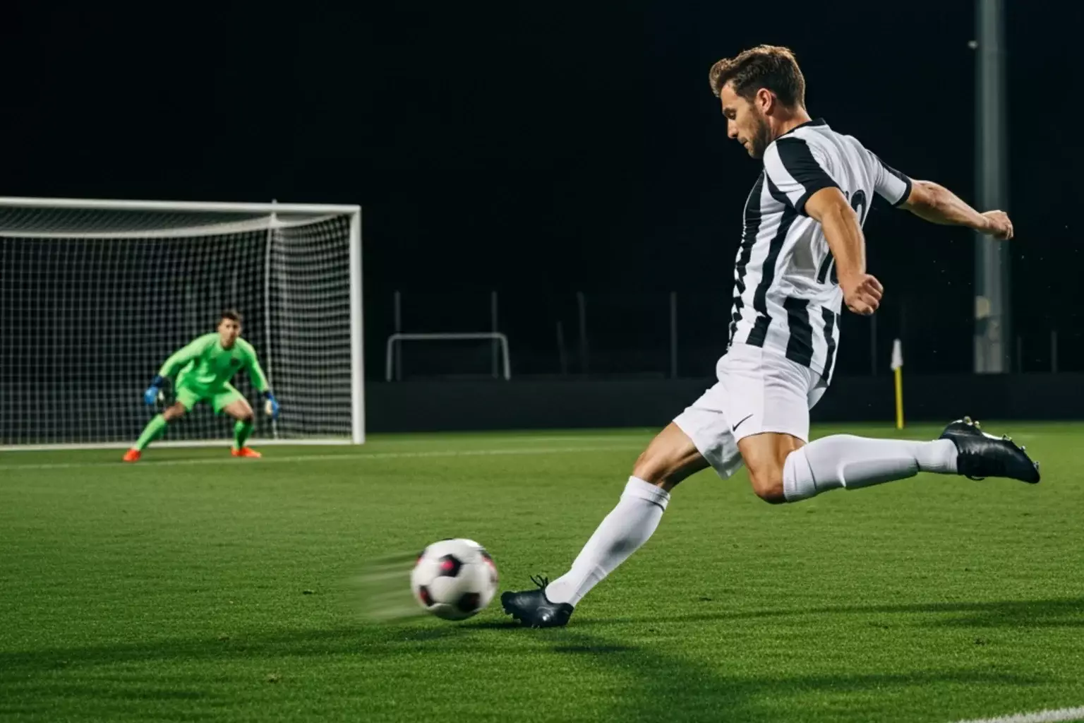 Stürmer schiesst auf das Tor während eines Fussballspiels