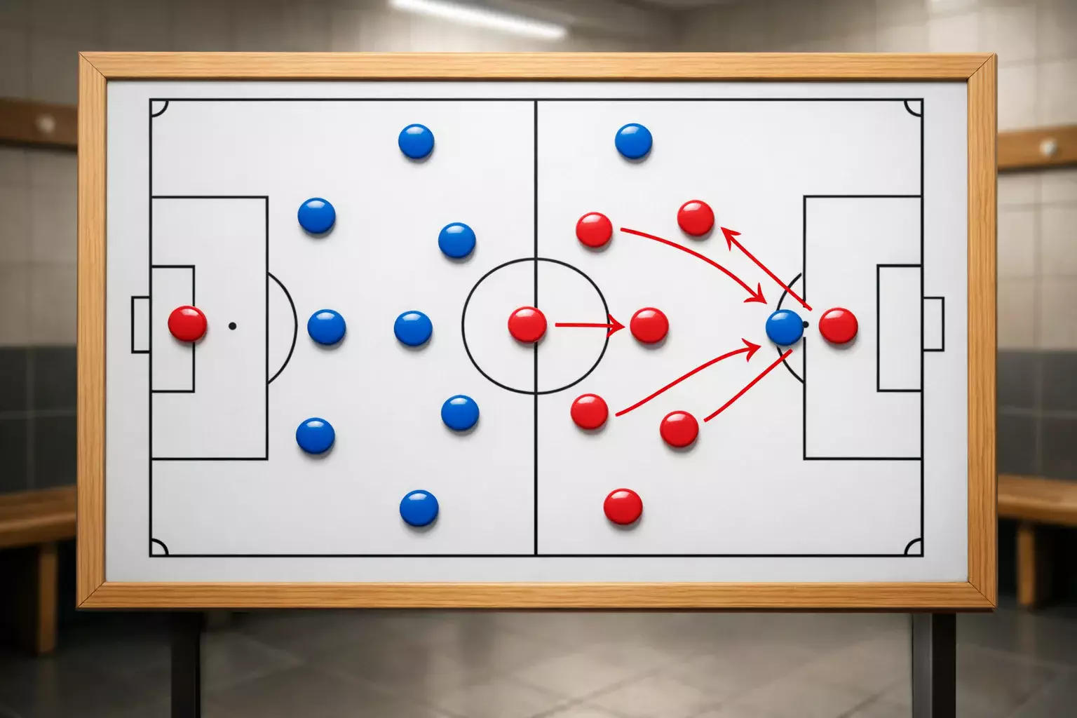 Taktiktafel mit Spieleraufstellung und Pfeilen in einer Umkleidekabine