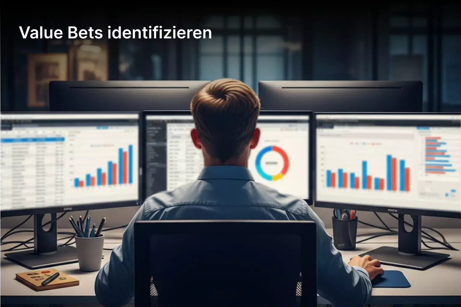 Sportanalyst studiert Fussballstatistiken auf mehreren Bildschirmen