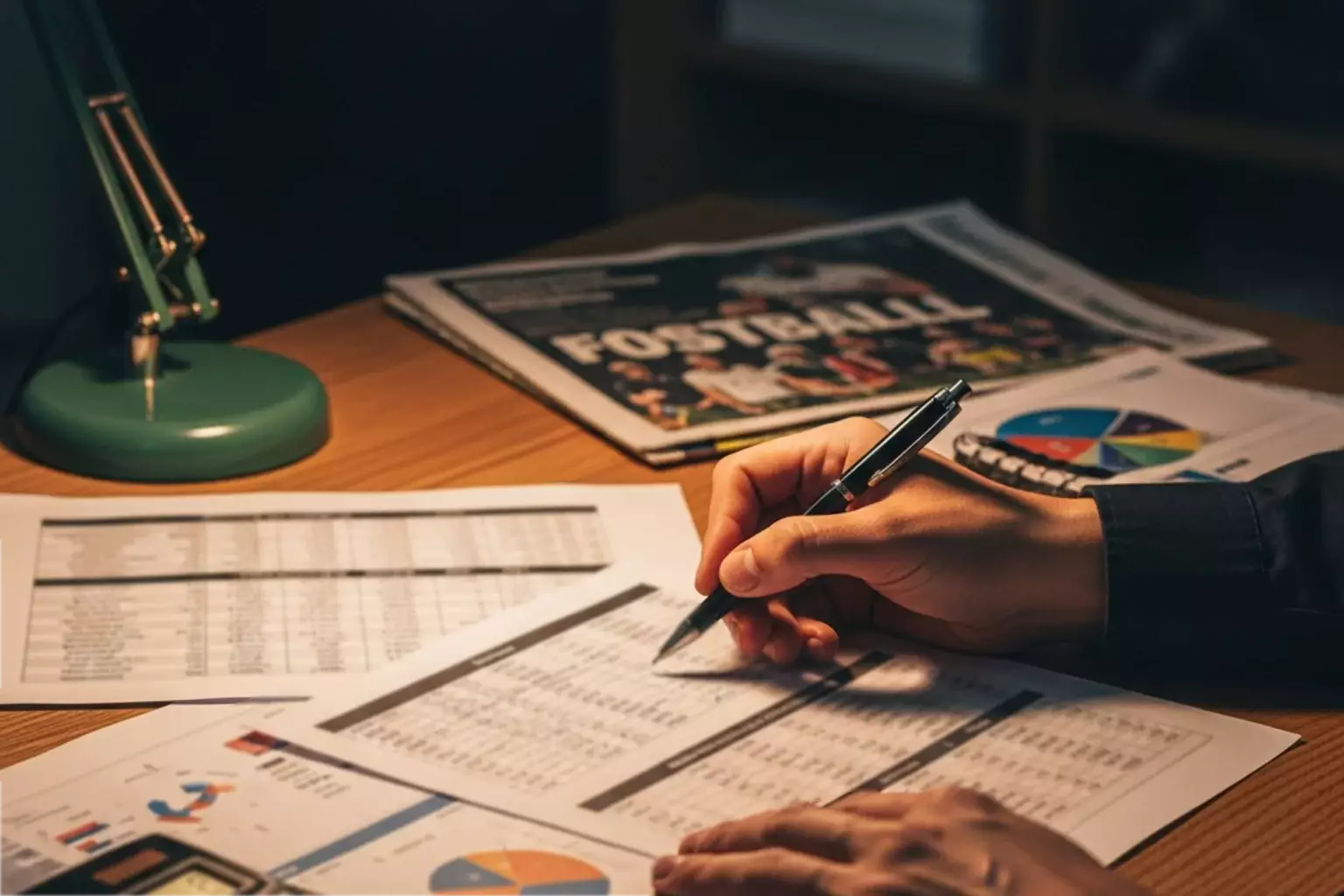 Person analysiert Statistiken und Wahrscheinlichkeiten am Schreibtisch