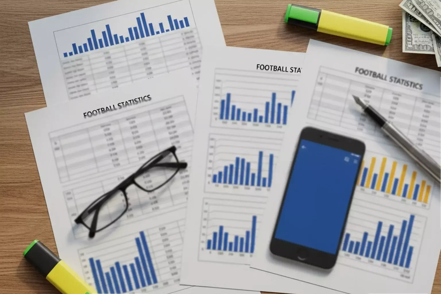 Verschiedene Wettscheine und Statistikblätter auf einem Schreibtisch ausgebreitet