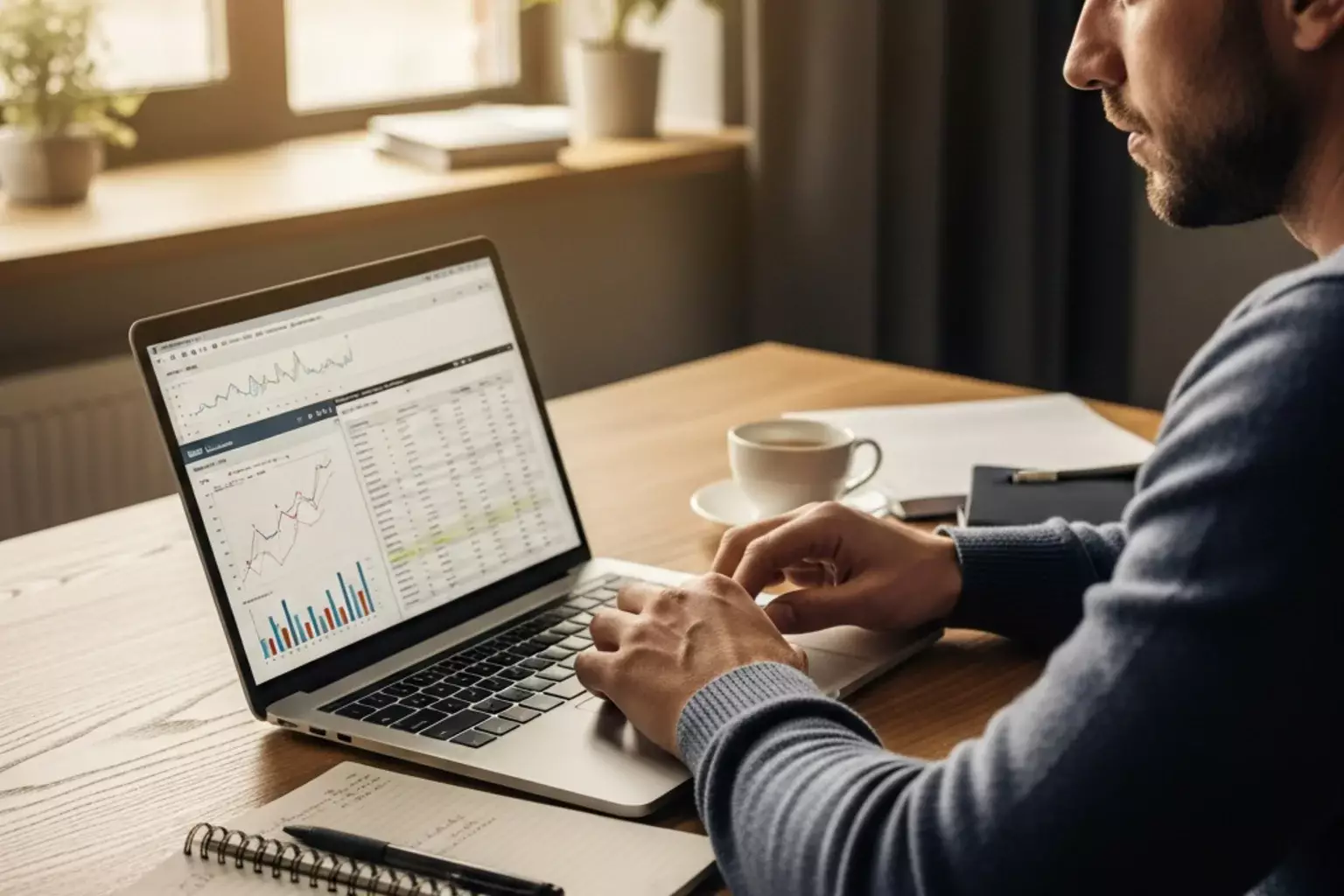 Mann analysiert Fussballstatistiken am Laptop mit Notizblock